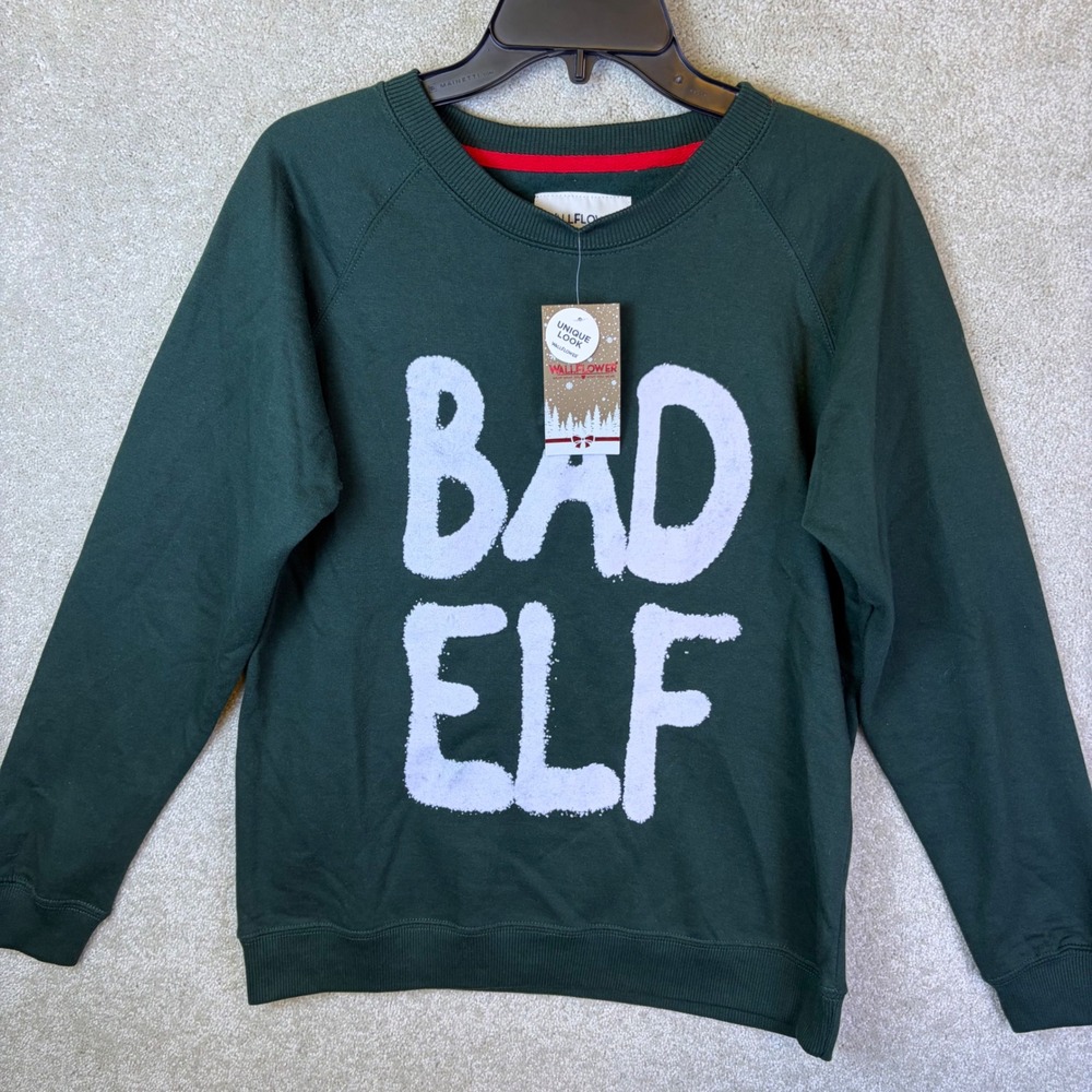 Wallflower Holiday Sweatshirt Wmn XS Green Bad Elf Graphic Raglan Christmas NEW